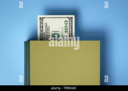 Livre d'affaires sur la littératie financière et le succès. Un signet dans le dollar. Concept avec couverture du livre blanc Banque D'Images