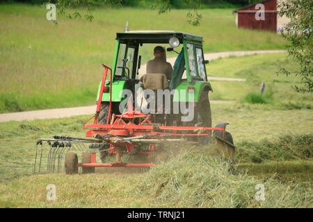 Agriculteur avec tracteur faneuse et à la récolte de foin Banque D'Images