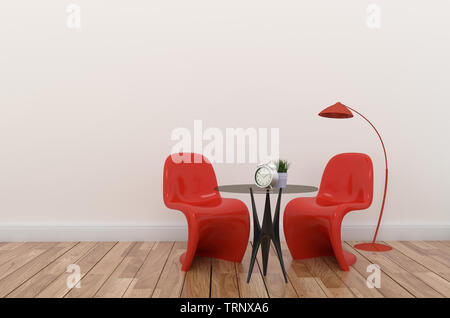 Chaise rouge et lampe rad sur mur blanc vide arrière-plan. Le rendu 3D Banque D'Images