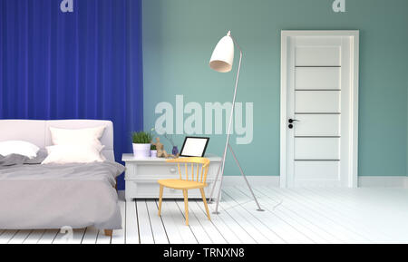 Chambre lit - intérieur style menthe - le lit et les oreillers, les plantes, lampe, porte, châssis et chaise en bois, marbre blanc sur fond de mur vide menthe verte. Rend 3D Banque D'Images