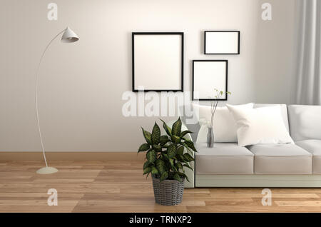 Chambre blanche - Intérieur style scandinave - salon avec canapé moderne lampe d'oreillers et de plantes du châssis, plancher en bois sur mur blanc vide Banque D'Images