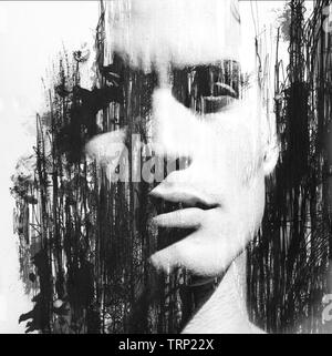 Paintography. L'exposition double portrait d'un jeune homme et de peintures sombres accentuant son ombre Banque D'Images