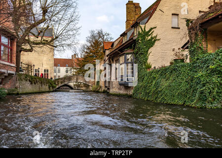 Vieille rue pittoresque de Bruges avec des maisons médiévales, de lierre, de canal et des ponts. Ville de Bruges rue tourné depuis le bateau. Banque D'Images