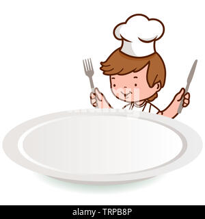 Un garçon vêtu d'un uniforme de chef, regardant une assiette vide et tenant une fourchette et un couteau, en attente de l'alimentation. Banque D'Images