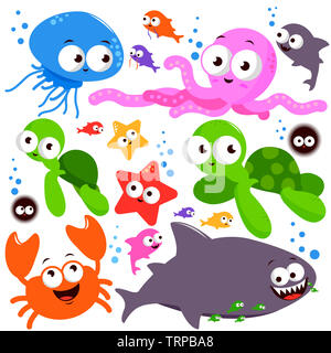 Animaux marins dans l'océan. Collecte de poissons, poulpes, étoiles de mer, crabes, méduses et requins nageant sous l'eau dans la mer. Banque D'Images