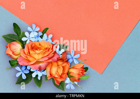 Le bleu et les papiers en geometic mise en page avec des fleurs rose arrangement pour l'arrière-plan à la mode Banque D'Images