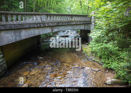 Un courant passe sous un pont rustique dans la forêt nationale de Pisgah dans la Caroline du Nord des montagnes. Banque D'Images