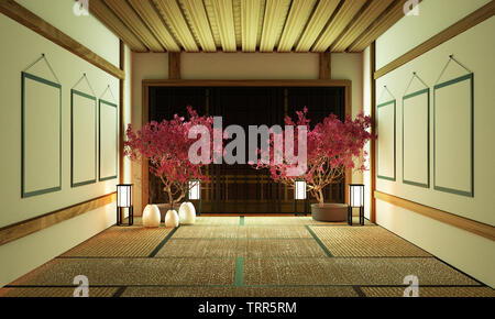 Roominterior dans BIg design moderne salon avec table basse noir ,,lampe vase, et le décor de style japonais. Le rendu 3D Banque D'Images