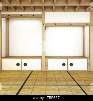 L'intérieur japonais chambre moderne - salle vide - toit de style design. Le rendu 3D Banque D'Images