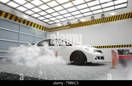 Garege avec intérieur voiture blanche et de fumée sur l'effet prix mur blanc et carrelage au sol. Le rendu 3D Banque D'Images