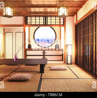 Roominterior dans BIg design moderne salon avec table basse noir ,,lampe vase, et le décor de style japonais. Le rendu 3D Banque D'Images