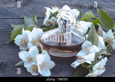 Flacon de parfum avec fleurs de jasmin sur fond de bois. Parfum de femmes avec l'odeur de jasmin. Banque D'Images