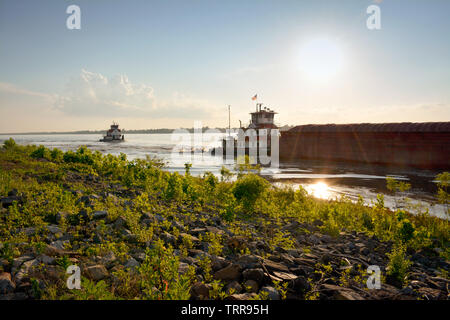 Vue depuis la rive d'un chaland chargé de la navigation le puissant fleuve du Mississippi avec l'aide d'un remorqueur au coucher du soleil près de Greenville, Mississippi Banque D'Images