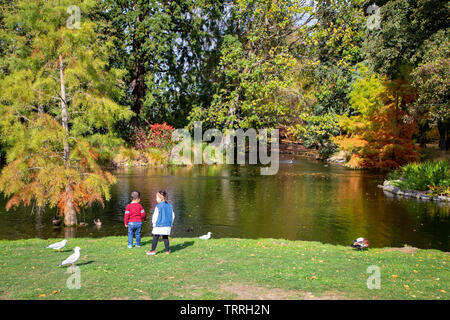 Christchurch, Canterbury, Nouvelle-Zélande le 27 avril 2019 : Les enfants asiatiques explorer et jouer dans les jardins botaniques dans le centre-ville de Christchurch Banque D'Images