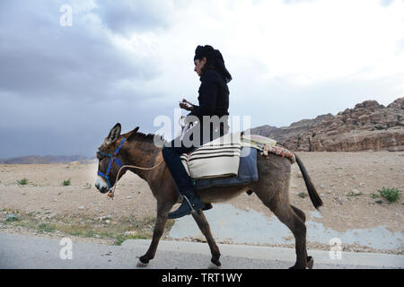 Un Bédouin man riding leurs ânes près de Little Petra en Jordanie. Banque D'Images