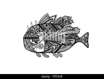 Des poissons à la main avec de vieux style griffonnage motifs ethniques indiens. Illustration dessin noir et blanc.