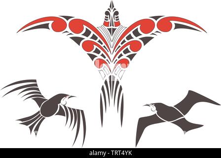 Collection de dessins d'oiseaux Maori Koru avec couleur - chaque oiseau regroupés Illustration de Vecteur