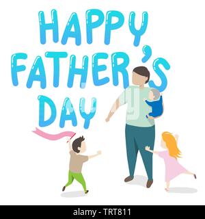 Vecteur d'happy father's day Greeting card. père tenant un enfant dans ses bras avec deux enfants jouant autour de grande famille heureux ensemble. Illustration de Vecteur