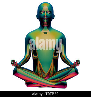 Le yoga pose lotus homme stylisé figure green golden reflets multicolores poli. Personne gourou mentale humaine. Caractère pacifique nirvana comme symbole zen Banque D'Images
