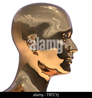 Tête d'homme d'or poli métallique stylisé silhouette. Profil de l'icône de la créativité concept. 3d illustration, isolé Banque D'Images