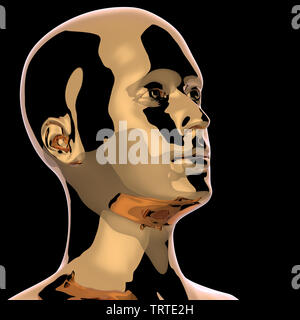 Silhouette tête homme or métallique stylisé portret poli. Visage humain la créativité profil concept icône. 3d illustration, isolé sur fond noir Banque D'Images