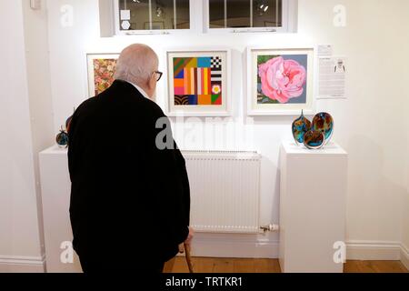 Sir Peter Blake à la recherche à son travail à la galerie de Paragon. Banque D'Images