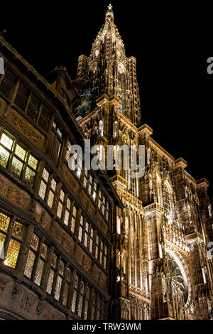 Maison Kammerzell maison médiévale et Notre-Dame cathédrale gothique 14e siècle la nuit, Strasbourg, Alsace, France Banque D'Images