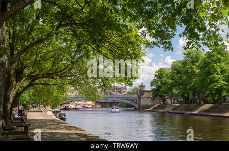 Avis de Lendal Bridge à New York à partir de la rive du fleuve. Les touristes de vous détendre à l'ombre des arbres comme un petit bateau passe sous le pont. Banque D'Images