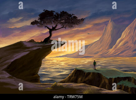 Seascape au coucher du soleil. Un arbre est debout au sommet d'une falaise. Peinture numérique. Banque D'Images