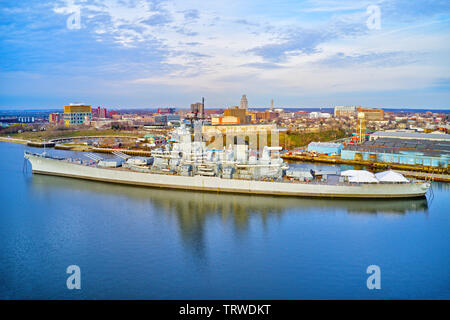 Vue aérienne de Battleship New Jersey Museum Banque D'Images