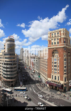 Espagne, Madrid, Gran Via, Edificio Carrion, Palacio de la Prensa, vue aérienne, Banque D'Images