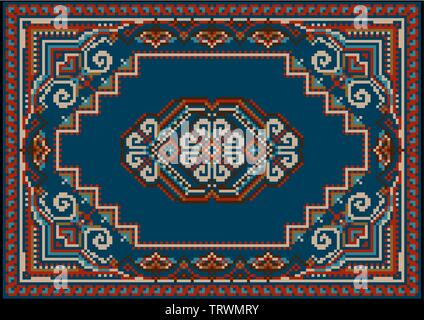 Vintage motley luxueux tapis dans des tons bleu et rouge avec motif sur un champ bleu dans le centre Illustration de Vecteur