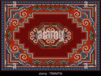 Vintage motley luxueux tapis dans des tons rouge et bleu avec motif sur un champ de bourgogne dans le centre Illustration de Vecteur