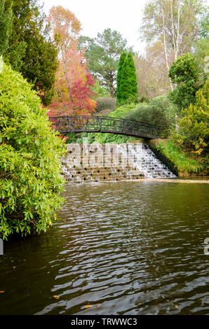 Cascade de l'eau dans le lac Sheffield Park et jardins en automne, East Sussex, UK Banque D'Images