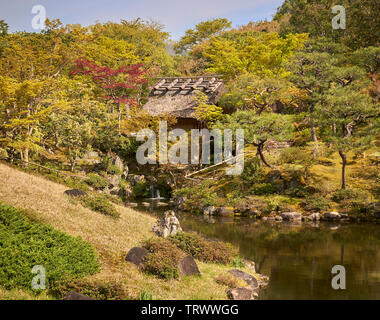 Un vieux chalet, couvert de paille dans une forêt d'érables japonais, avec une petite cascade et une rivière au premier plan. Banque D'Images