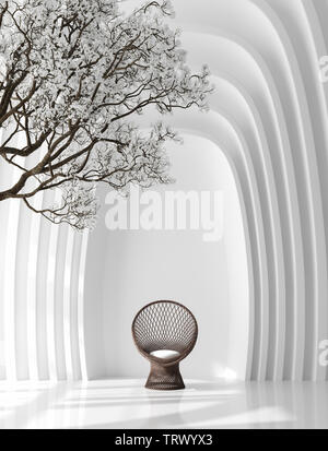 Fond intérieur futuriste avec fauteuil et blossom tree, 3D render Banque D'Images