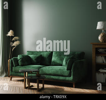 Home intérieur mock-up vert avec canapé, table et de décor dans la salle de séjour, 3D render Banque D'Images