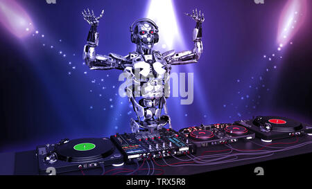 Robot DJ, disc-jockey cyborg avec mains en jouant de la musique sur platines, android sur scène avec deejay équipement audio, 3D Rendering Banque D'Images