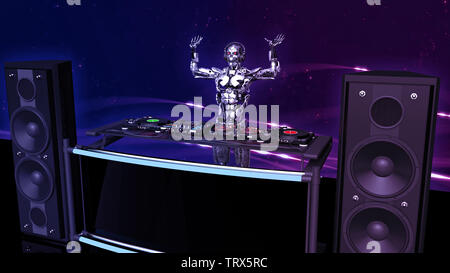 Robot DJ, disc-jockey cyborg avec mains en jouant de la musique sur platines, android sur scène avec deejay équipement audio, side view, 3D Rendering Banque D'Images