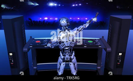 Robot DJ, disc-jockey cyborg avec microphone à jouer de la musique sur les platines, android sur scène avec deejay équipement audio, vue arrière, 3D Rendering Banque D'Images