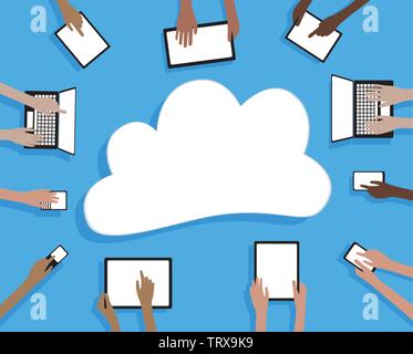 Apportez votre propre appareil BYOD Cloud comprimés et les mains regroupées et stratifiés Illustration de Vecteur