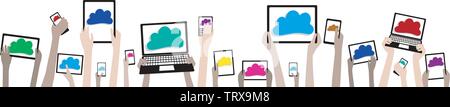 Apportez votre propre appareil BYOD Cloud Computing Banner - Mains d'enfants avec des ordinateurs et des nuages - regroupées pour faciliter les modifications SPE8 Illustration de Vecteur