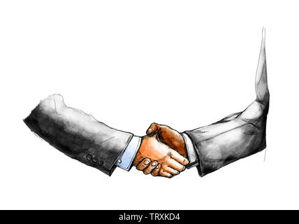 Croquis dessin créatif de deux businessman shaking hand les uns les autres pour faire une affaire après l'accord isolé sur fond blanc Banque D'Images