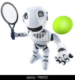 3D render of a robot funny cartoon character playing tennis Banque D'Images