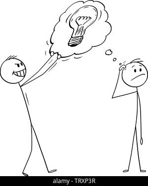 Vector cartoon stick figure dessin illustration conceptuelle de l'homme ou homme de penser à un certain problème, solution, invention ou innovation et concurrent de voler son idée. Illustration de Vecteur