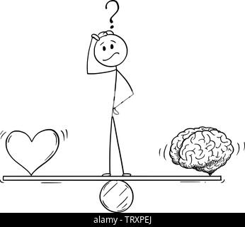 Vector cartoon stick figure dessin illustration conceptuelle de l'homme ou Homme pensant et debout sur la balançoire et équilibrage du cœur et du cerveau comme l'émotion et la logique la métaphore. Illustration de Vecteur