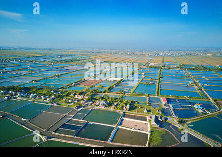 Image aérienne de grandes fermes d'élevage de crevettes dans la région côtière de Giao Thuy, Vietnam. Banque D'Images