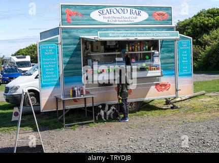 Mobile Seafood Caravan Vendre des produits de poisson et des boissons gazeuses sur l'île Sainte dans Northumberland Angleterre Royaume-Uni Banque D'Images