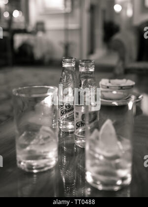 Deux verres de gin tonic avec glace et citron dans un bar de l'hôtel avec ambiance bokeh Banque D'Images