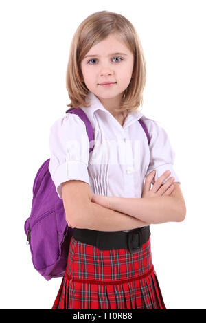 Belle petite fille avec sac à dos isolated on white Banque D'Images